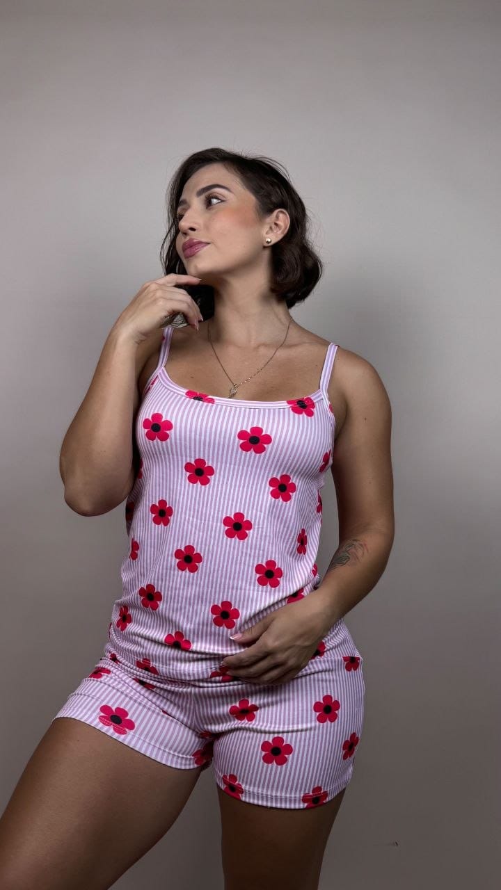 Pijama rayitas rosa flor fucisia  blanco - 1800251