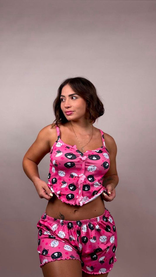 Pijama gaticos blanco y negro rosa - 1900017